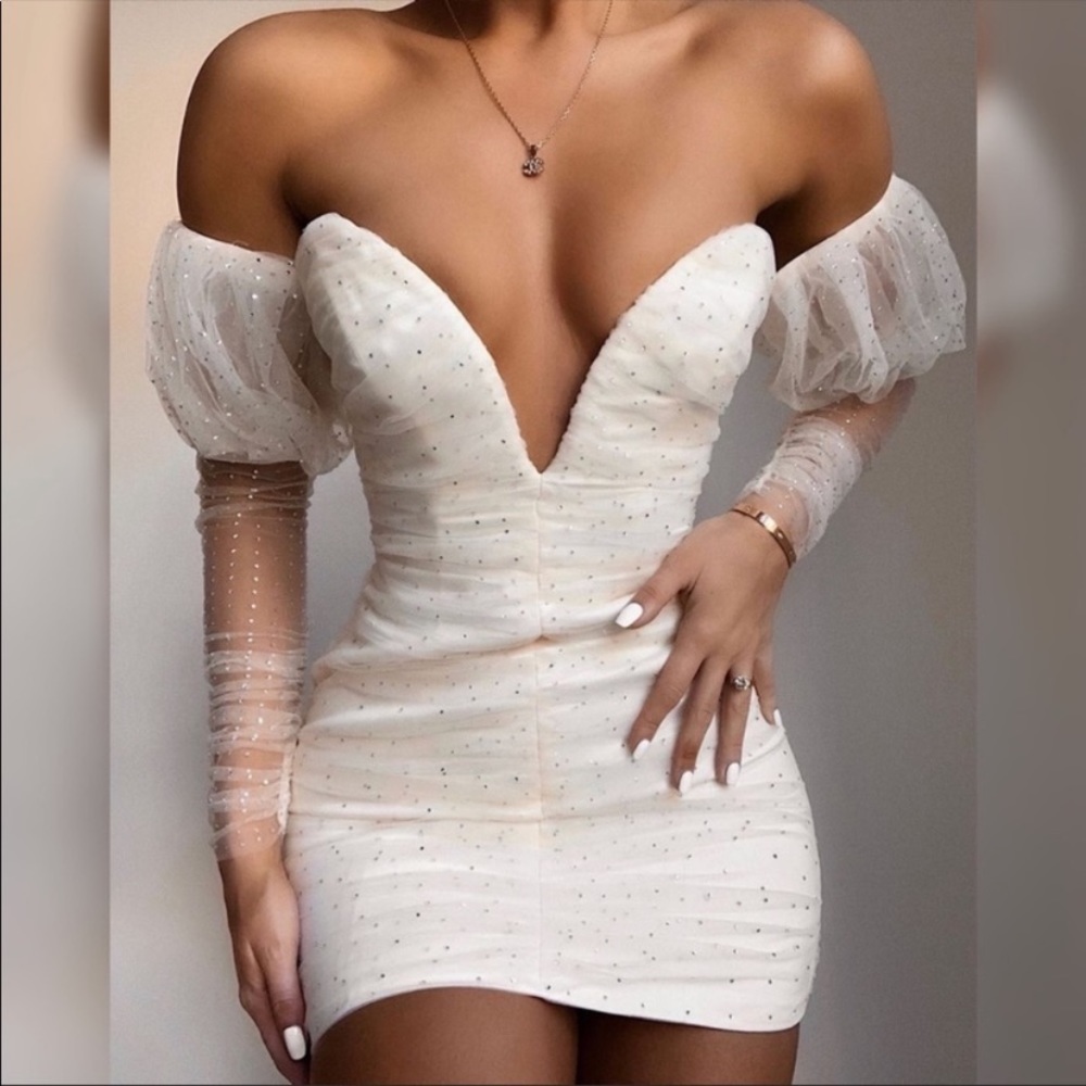 House of CB White Off-Shoulder Mini Dress with Sheer Puff Sleeves